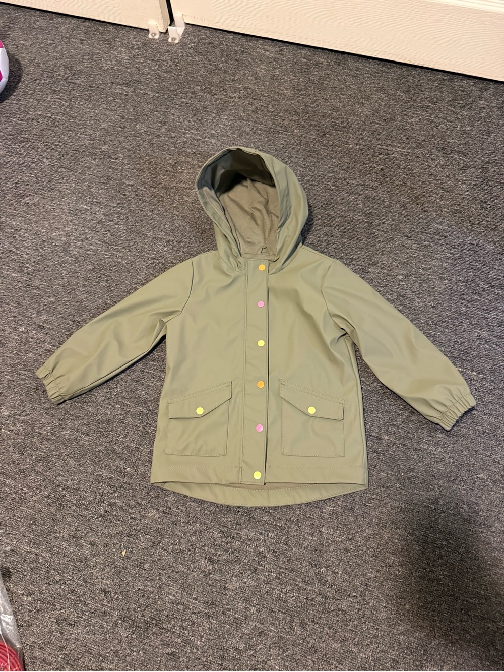 Old Navy Olive Green Hooded Raincoat with Colorful Snaps